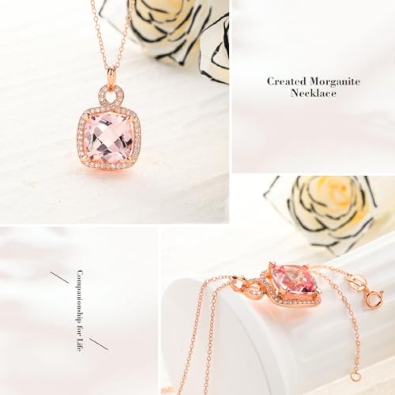 RANDES는 여성용 Morganite 목걸이를 만들었습니다. 925 스털링 실버 12mm 8mm 쿠션 컷 헤일로 펜던트 목걸이