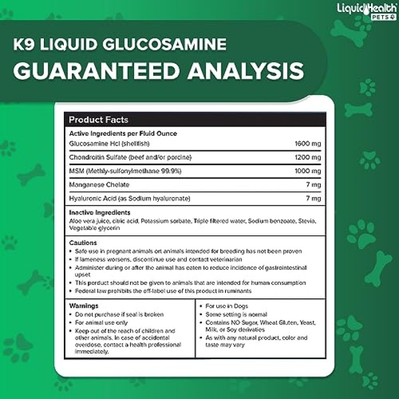 LIQUIDHEALTH 32온스 K9 액상 글루코사민(개, 강아지, 노령견용) - 콘드로이틴, MSM, 히알루론산 – 관절 건강, 개 비타민 고관절 주스, 개 관절 오일