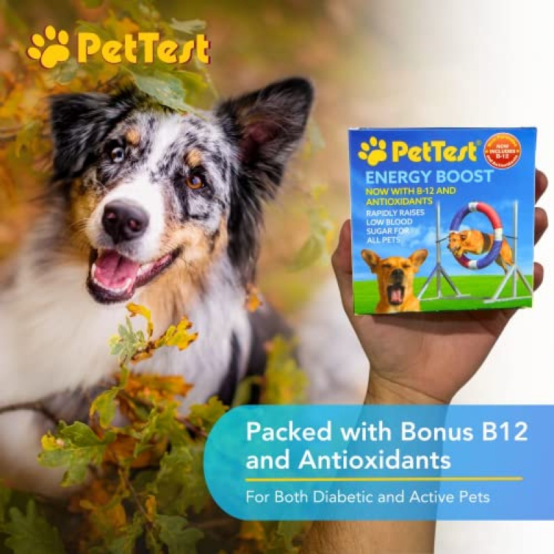 PetTest New Energy Boost Glucose SOS for Pets는 즉시 저혈당을 증가시킵니다. B12 및 항산화제 3x10ml 튜브. 활성 또는 당뇨병이 있는 개와 고양이를 위한 빠른 작용, 고기 맛, 빠른 회복.