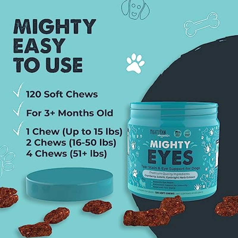 Mighty Paw Waggables Eyes (미국산) | 개를 위한 눈물 얼룩 씹기. 개를 위한 시력 및 눈물 얼룩 지원 눈 보조제. 루테인 개 눈물 얼룩 보충제. 눈 윤활, 면역 지원(120 Ct)