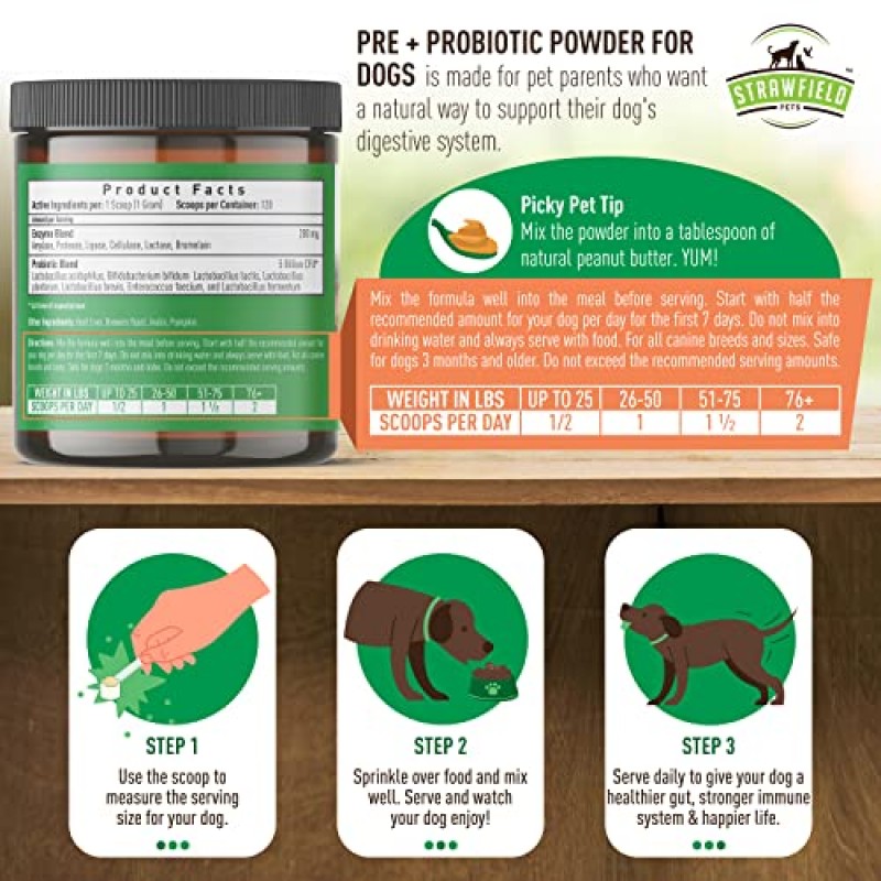 Strawfield Pets Pre + 소화 효소가 있는 개를 위한 프로바이오틱 파우더 효모, 가려운 피부 및 가려운 귀를 위한 개 프로바이오틱스 천연 쇠고기 간 맛 120 스쿠프