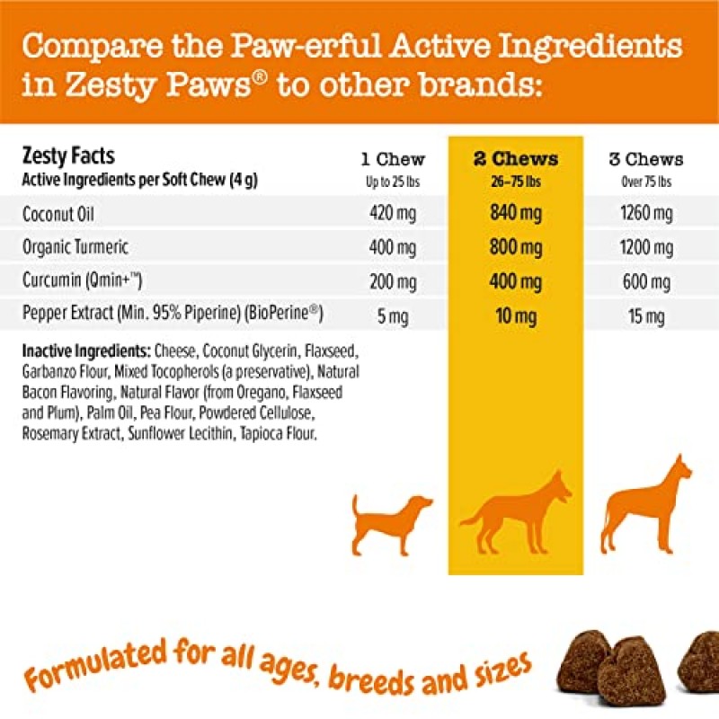 Zesty Paws 개를 위한 심황 커큐민 - 엉덩이 및 관절 이동성을 지원합니다 개 소화기 심혈관 및 간 건강을 지원합니다 피부 건강을 위한 코코넛 오일(95% 커큐미노이드 + BioPerine Duck 포함), 90개