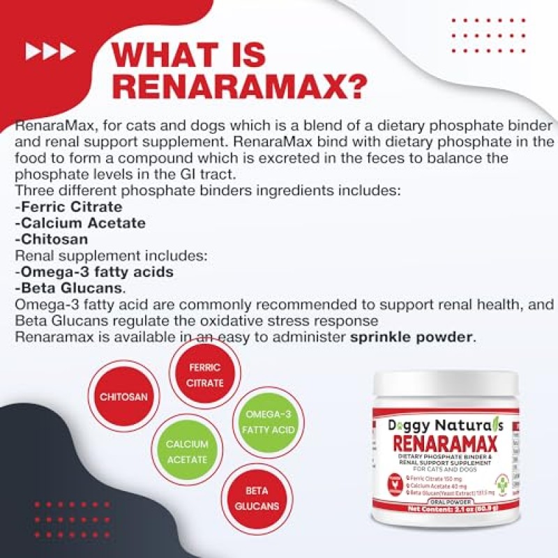 RENARAMAX 고양이와 개를 위한 식이인산염 결합제 및 애완동물을 위한 신장 지원 보충제 분말, 120회 복용량(60.9g) - (Made in U.S.A)