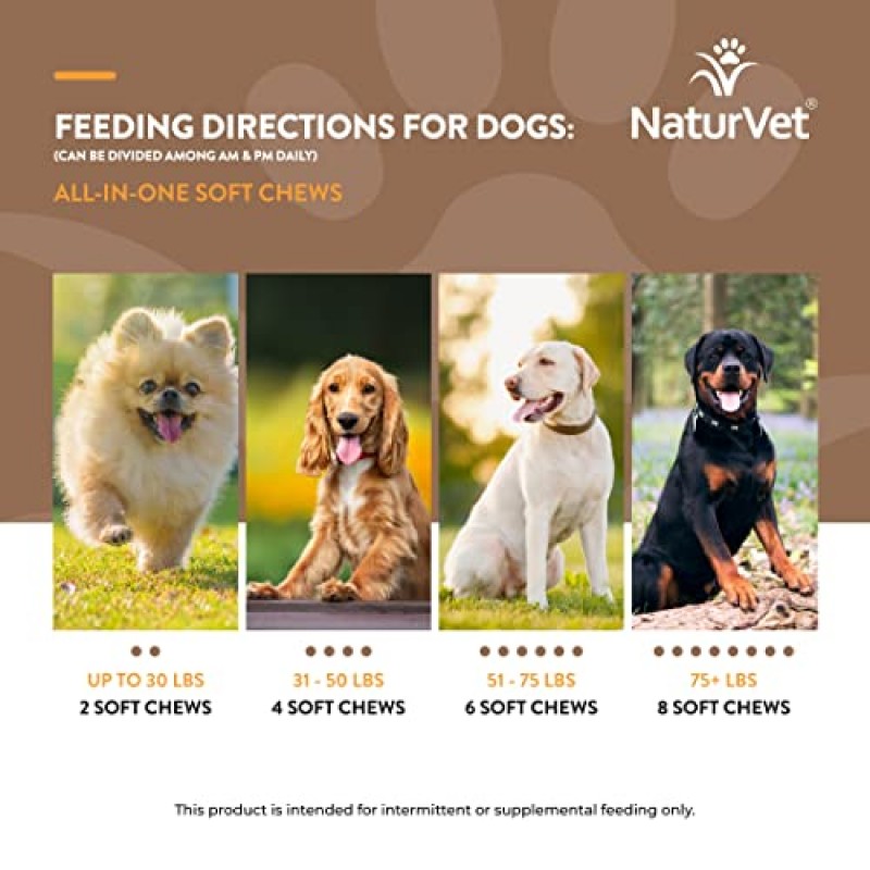 NaturVet 올인원 반려견 보조제 - 관절 지원, 소화, 피부, 털 관리용 – 반려견 종합비타민, 미네랄, 오메가-3, 6, 9 – 반려견용 밀 프리 비타민 – 120 소프트 츄