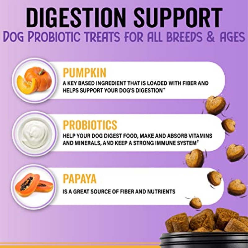 개를 위한 프로바이오틱 츄 - 장 건강 지원을 위한 호박, 파파야 및 개 프로바이오틱스를 함유한 소프트 츄 - 소화 및 면역력 지원 - 개 소화 지원을 위한 180 프로바이오틱 츄 - 미국 품질