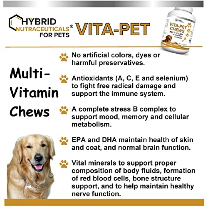 Vita-Pet Dog MultiVitamins 츄어블 - EPA, DHA, 항산화제가 함유된 일일 비타민 및 미네랄 21개 - 강아지의 면역 반응, 기분, 피부, 코트 및 전반적인 건강 지원 - 60 츄어블