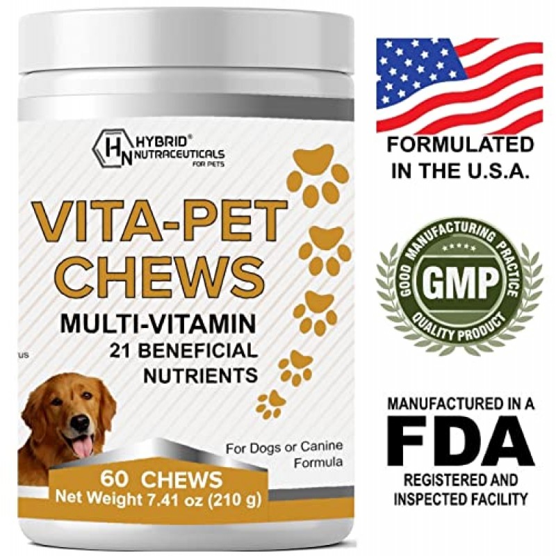 Vita-Pet Dog MultiVitamins 츄어블 - EPA, DHA, 항산화제가 함유된 일일 비타민 및 미네랄 21개 - 강아지의 면역 반응, 기분, 피부, 코트 및 전반적인 건강 지원 - 60 츄어블