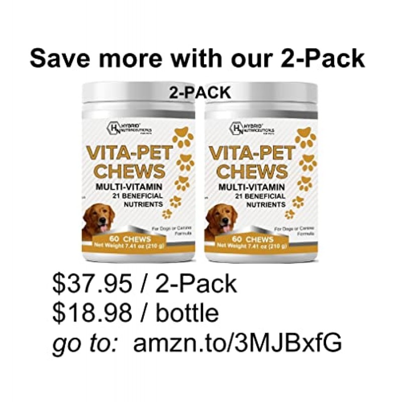 Vita-Pet Dog MultiVitamins 츄어블 - EPA, DHA, 항산화제가 함유된 일일 비타민 및 미네랄 21개 - 강아지의 면역 반응, 기분, 피부, 코트 및 전반적인 건강 지원 - 60 츄어블