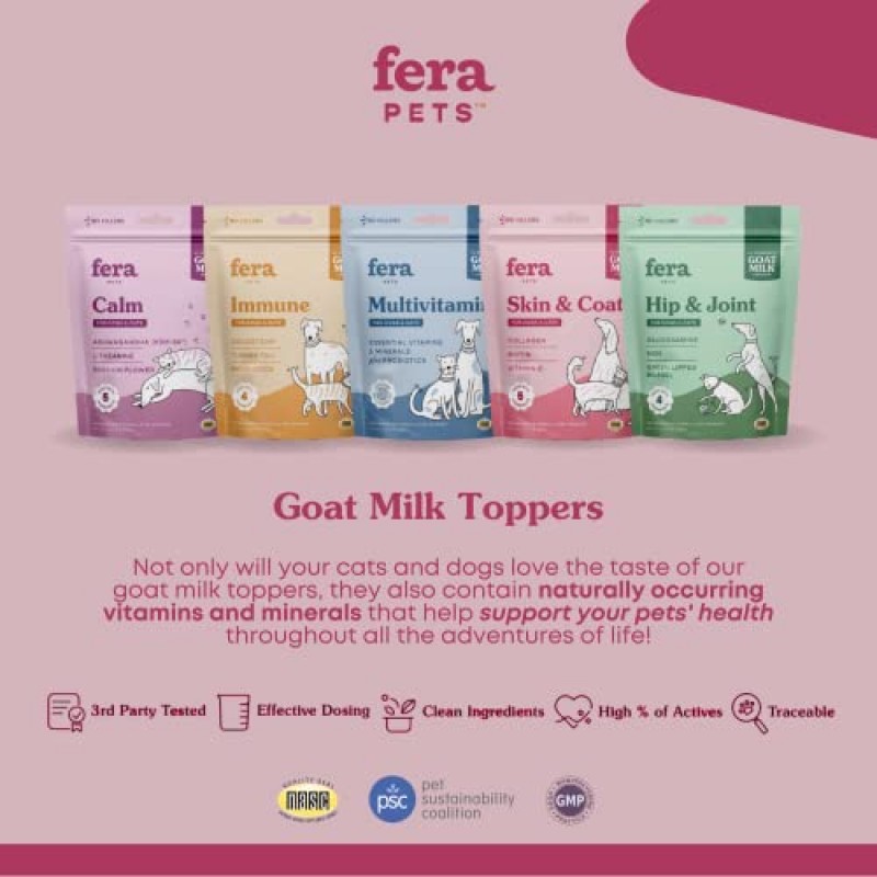 Fera Pets - 개와 고양이용 피부 및 외투 보충제 - 개용 염소 우유 - 고양이용 염소 우유 - 개 식사 토퍼 - 콜라겐, 비타민 C 및 비오틴이 함유된 개 식품 토퍼 - 분말 - 60회분