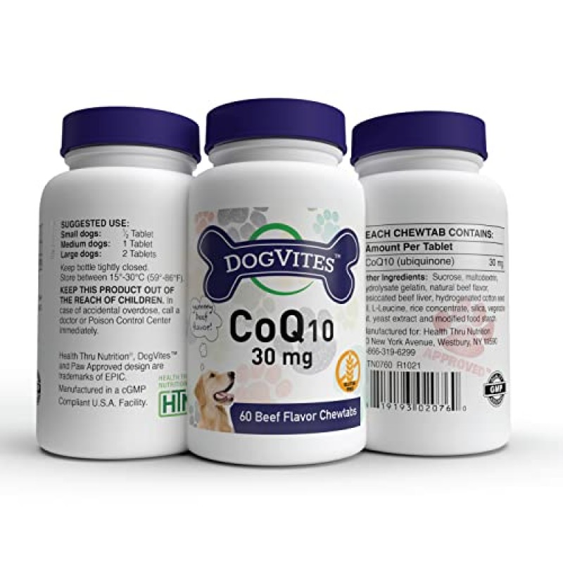 Health Thru Nutrition 개 바이트 CoQ10(개용), 60 쇠고기 맛 츄어블 정제, 30mg