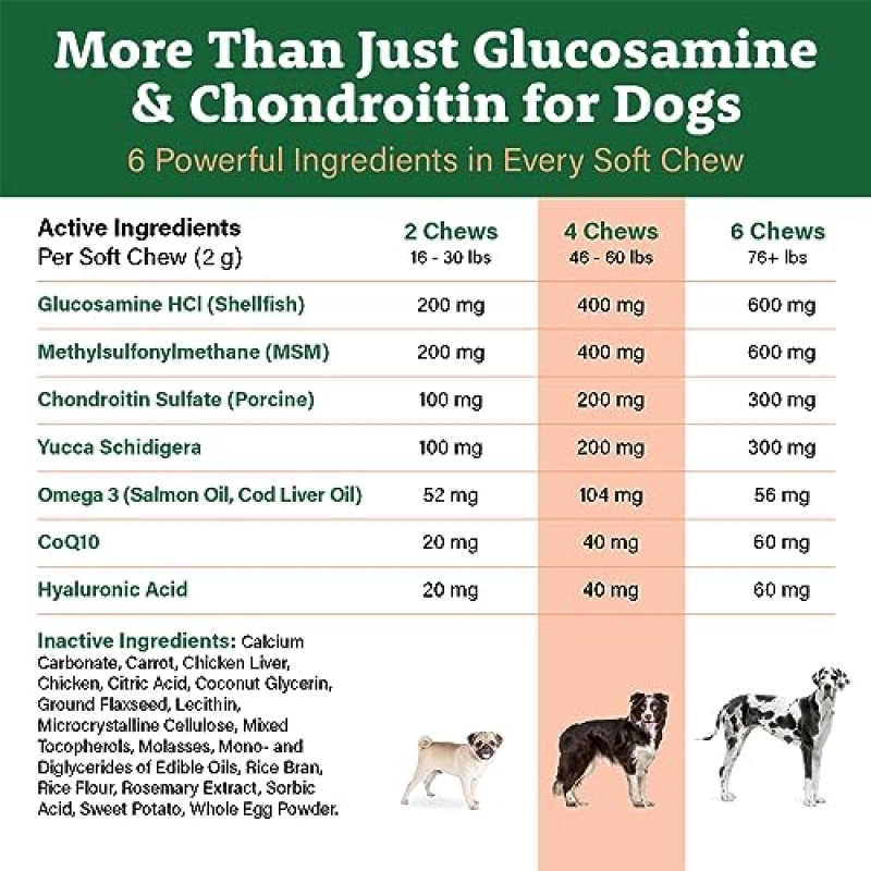 Doggie Dailys 개용 글루코사민 – 120개 츄 – 콘드로이틴, MSM, 히알루론산 및 CoQ10이 함유된 개를 위한 고급 관절 보조제 – 프리미엄 개 글루코사민(닭고기)