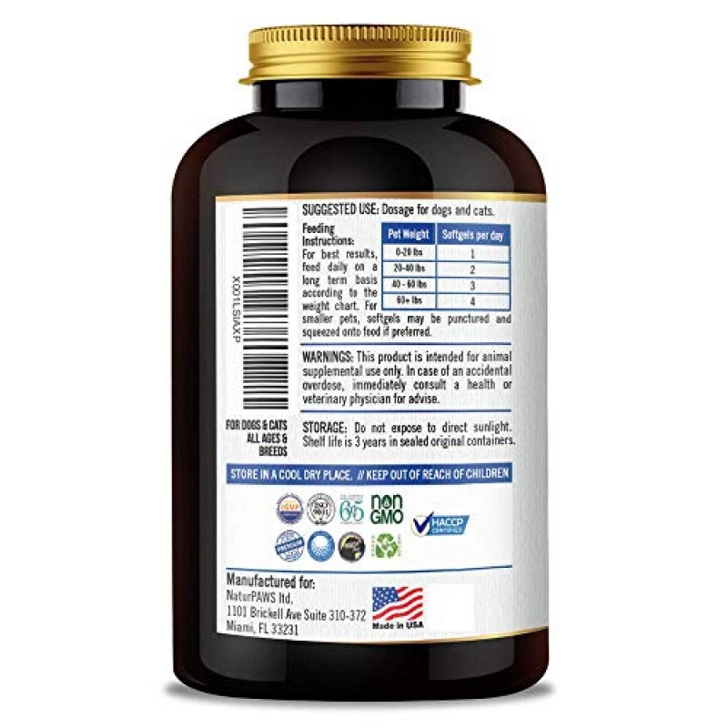 개와 고양이를 위한 NaturPAWS 오메가 3 피쉬 오일 보충제 - 1000 mg 순수 DHA 및 EPA 오메가 - 건강한 털과 피부, 심장, 면역 체계, 관절 및 엉덩이 지원 - 180 소프트젤