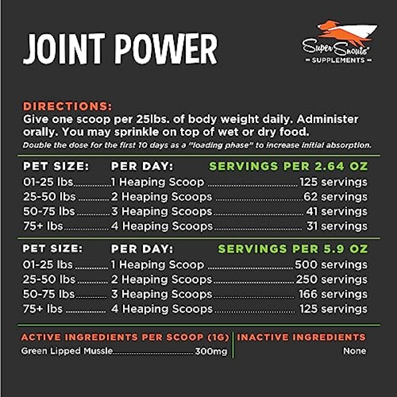 슈퍼 스나우트 조인트 파워 100% 개와 고양이를 위한 녹색 입 홍합 건강 - 개 관절 보조제 파우더 관절, 힘줄, 인대 지원(5.29온스)
