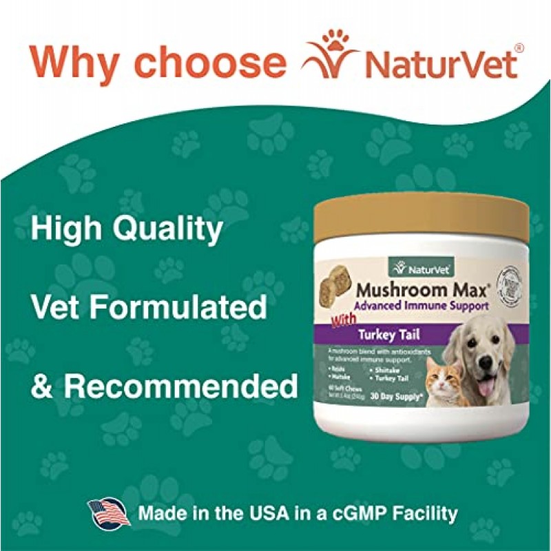 NaturVet Mushroom Max 고급 면역 지원 개 보조제 – 면역력 강화, 개의 전반적인 건강에 도움 – 표고버섯, 영지, 칠면조 꼬리 포함 – 60 Ct.