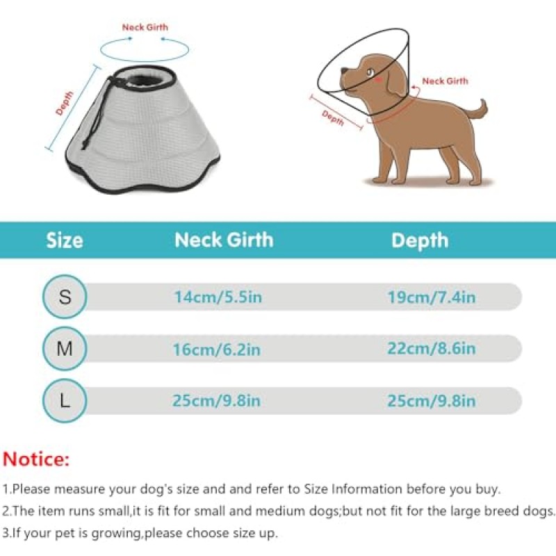 수술 후 개를 위한 부드러운 개 콘 칼라, 조절 가능한 개 회복 콘 경량 엘리자베스 칼라는 소형 중형견을 위한 통기성 애완 동물 E-칼라를 핥는 것을 방지합니다(L)