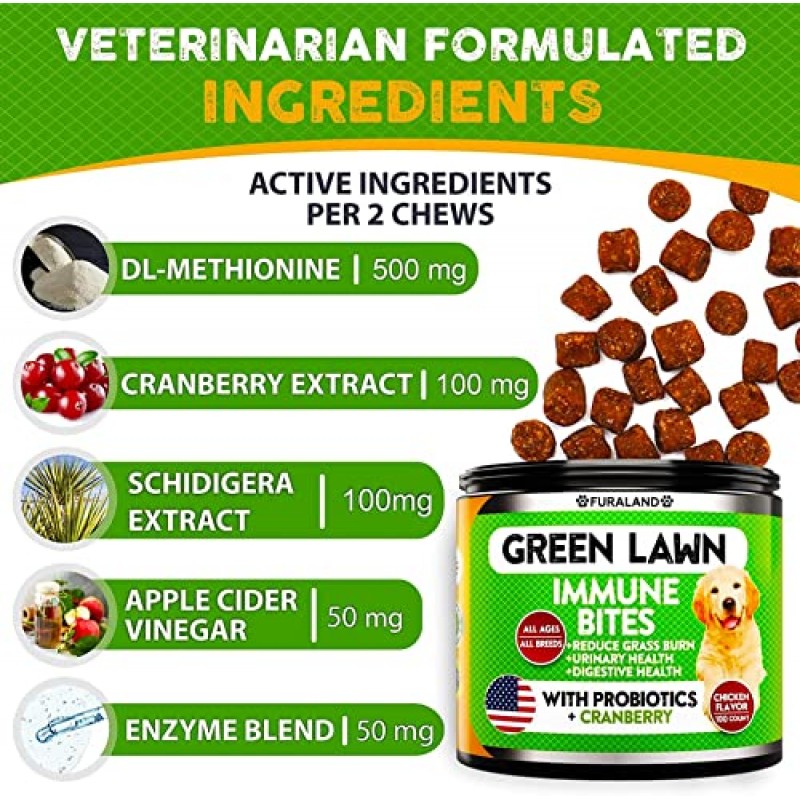 FURALAND 애견용 잔디 화상 지점 츄 - 개 소변으로 인한 개 오줌 잔디밭 보호기 - 잔디 처리석 - DL-메티오닌 + 소화 효소 - 잔디용 개 소변 중화제 - 부드러운 간식