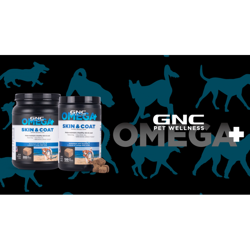 GNC Pets 오메가 지방산 및 아마씨 함유 성견용 오메가 스킨 & 코트 애견 보조제, 120ct| 연어 오일과 비타민 E가 함유된 개 피부 및 코트용 치킨 맛 소프트 츄(FF15440)