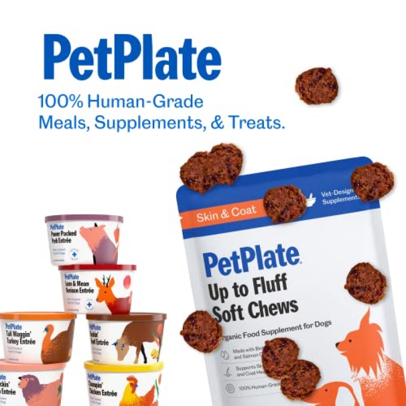 PetPlate Up to Fluff Soft Chews, 반려견용 피부 및 털 지원, USDA 유기농 보충제, 곡물 무함유, 인간 등급, 연어 오일 및 비오틴 포함, 애완동물 용품(1팩, 9.8온스)