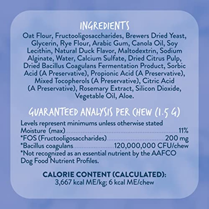 Montana Dog Food Co. 개를 위한 프로바이오틱스 프리바이오틱 섬유 함유 소화 건강 보조제(소프트 츄어 90개), 살아있는 배양 프리바이오틱스, 미국산 소화 및 면역 체계 건강(맛있는 오리)