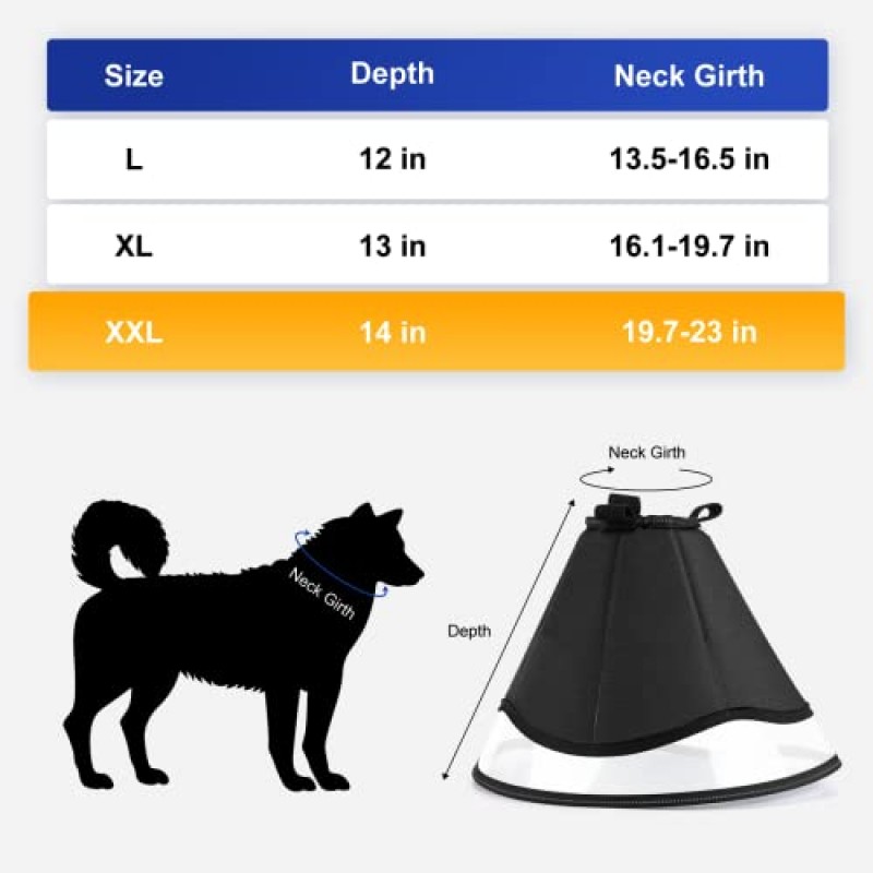 수술 후 대형 중소형 개를 위한 개 콘, Megeo 조절 가능한 소프트 개 콘 칼라, 애완동물이 실밥, 상처 및 발진에 닿는 것을 방지하는 개 회복 칼라(회색, XX-대형)