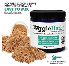 개를 위한 Doggie Herbs 면역력 유기농 버섯 22.3% 베타 글루칸 - 개 건강 및 면역력 강화 개 보조식품 - 복용량 숟가락이 포함된 허브 분말 -100g