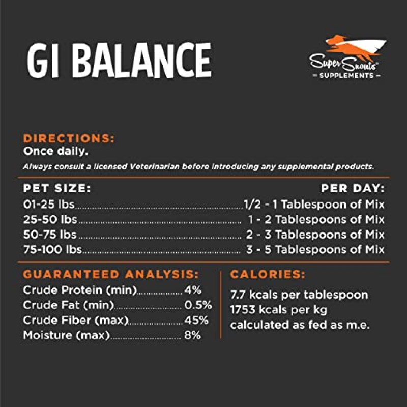 Super Snouts GI 밸런스 개 및 고양이용 소화 보조제, 개 및 프리바이오틱 장 건강을 위한 3.1온스 호박 분말, 면역 지원