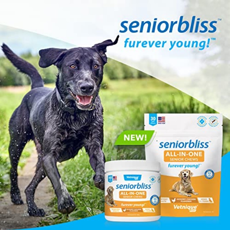 Vetnique Labs Seniorbliss 노령견(7+) 노령견 비타민 및 보충제, 심장, 알레르기, 관절염, 피부 및 털 지원 - 퓨레버 영(올인원 일일 비타민, 30ct)