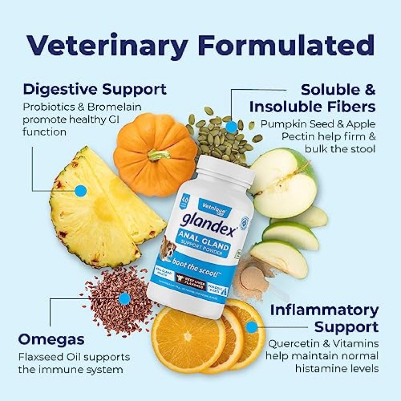 Vetnique Labs Glandex 개 섬유질 보충 파우더(호박, 소화 효소 및 프로바이오틱스 함유) - 수의사가 권장하는 건강한 장 및 소화 - Boot The Scoot(쇠고기 간, 4.0온스)