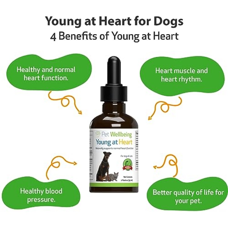 Pet Wellbeing Young at Heart for Dogs - 수의사 제조 - 심장(심혈관) 건강 지원 - 천연 허브 보조제 2oz(59ml)