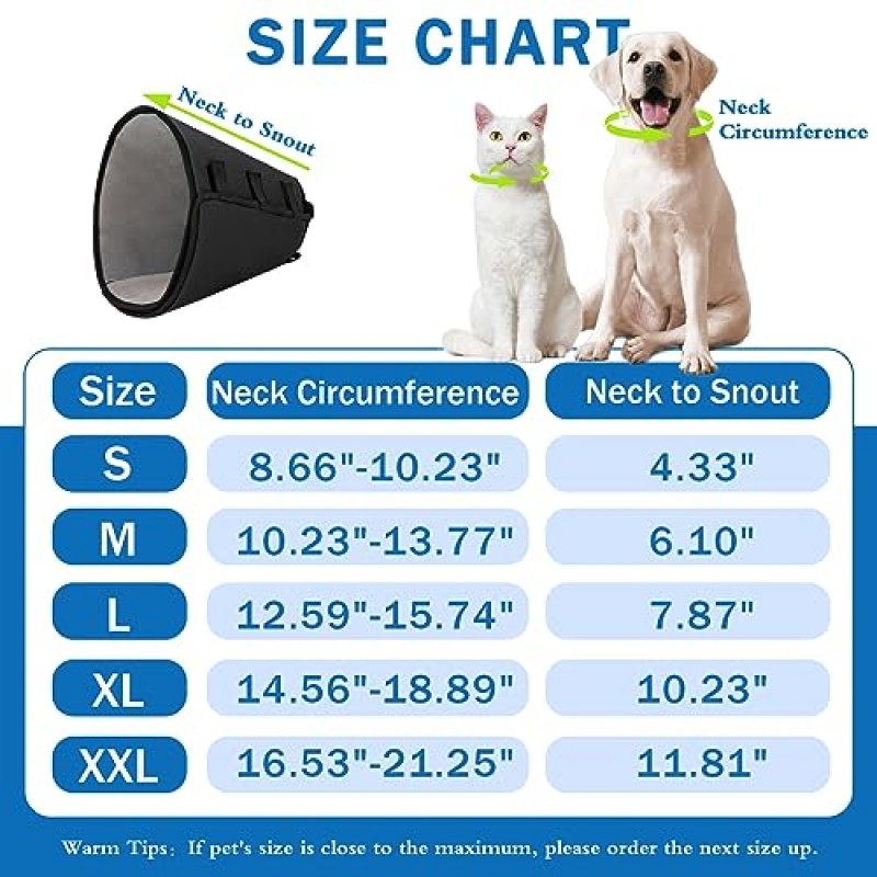 Marnonsis 개 콘, 대형 중소형 개와 고양이를 위한 부드러운 개 콘, 수술 후 개를 위한 조절 가능한 콘, 방수 개 콘 칼라 편안한 애완 동물 회복 E 칼라 핥기 방지용(검은색,XL-06)