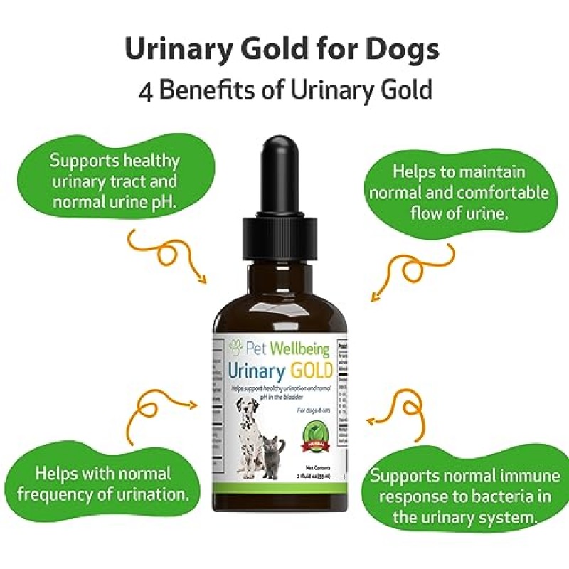 반려견을 위한 Pet Wellbeing Urinary Gold - 수의사 제조 - 반려견 요로 건강, 정상적인 요로 pH 지원 - 천연 허브 보충제 2oz(59ml)