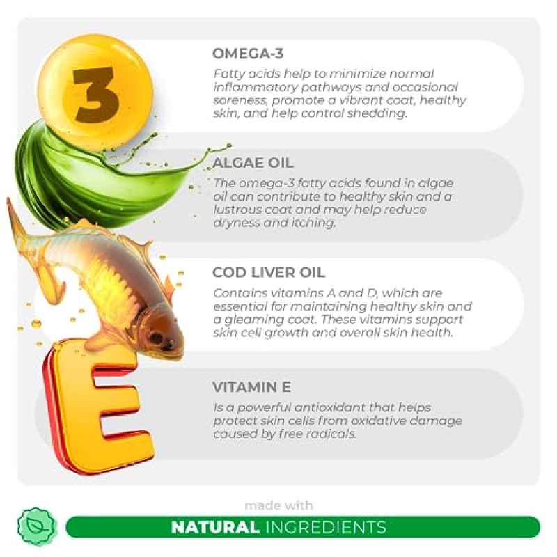 개용 오메가 3 피쉬 오일 - 90 소프트 츄어블 - 강아지 털갈이, 가려움증, 건성 피부 및 심장 지원을 위한 대구 간유, 생선 오일, 조류 오일, EPA 및 DHA 지방산 함유(소프트 츄)