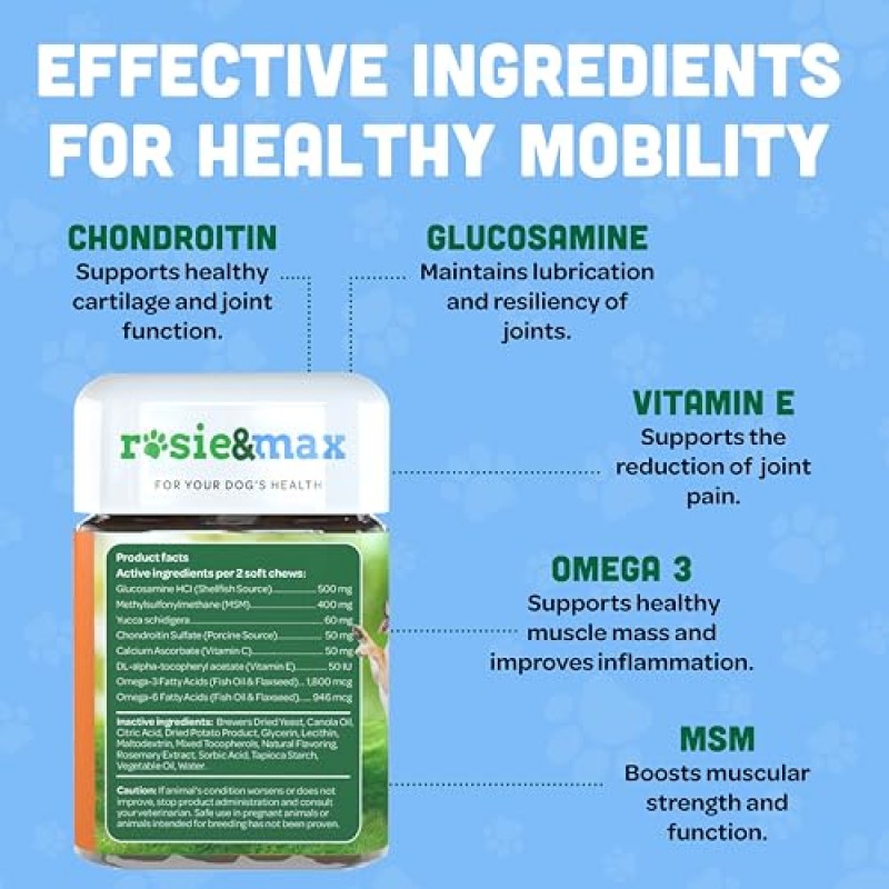 ROSIE & MAX 개용 고관절 및 관절 보조제 츄, 글루코사민 및 MSM 개 관절 지원, 소형, 중형 및 대형 견종을 위한 관절 건강 지원, 70개, 6.9온스 병