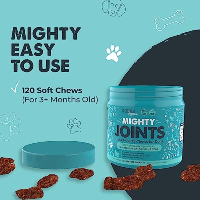 개를 위한 Mighty Paw Waggables 공동 지원 보충제(미국산) | 개 엉덩이 및 관절 보충제를 위한 글루코사민. 수의사가 제조한 애완동물 이동성, 콘드리오틴 및 MSM 개 관절 보조제 츄(120Ct)