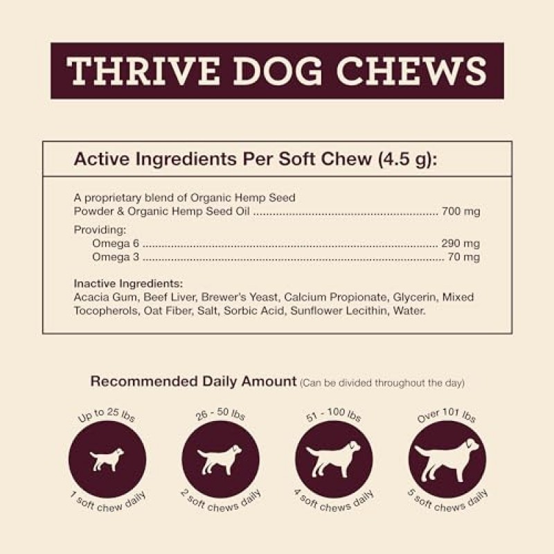 개를 위한 Hemp Well Thrive Chews – 엉덩이, 관절 및 심장 건강 지원, 면역 지원 촉진, 피부 및 털 강화, 유기농 공급 – 30개