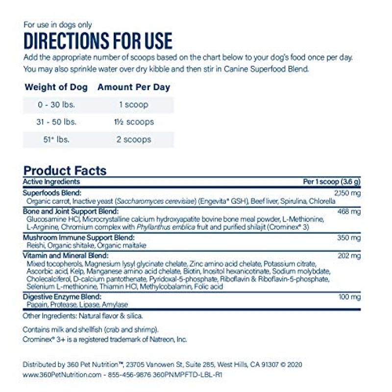 360 애완동물 영양 반려견 슈퍼푸드 부스트 블렌드 모든 라이프스테이지 식사 토퍼 지원 전신 건강, 뼈와 관절, 소화 및 면역 지원을 지원하는 반려견용 보충제 30회분, 쇠고기 맛