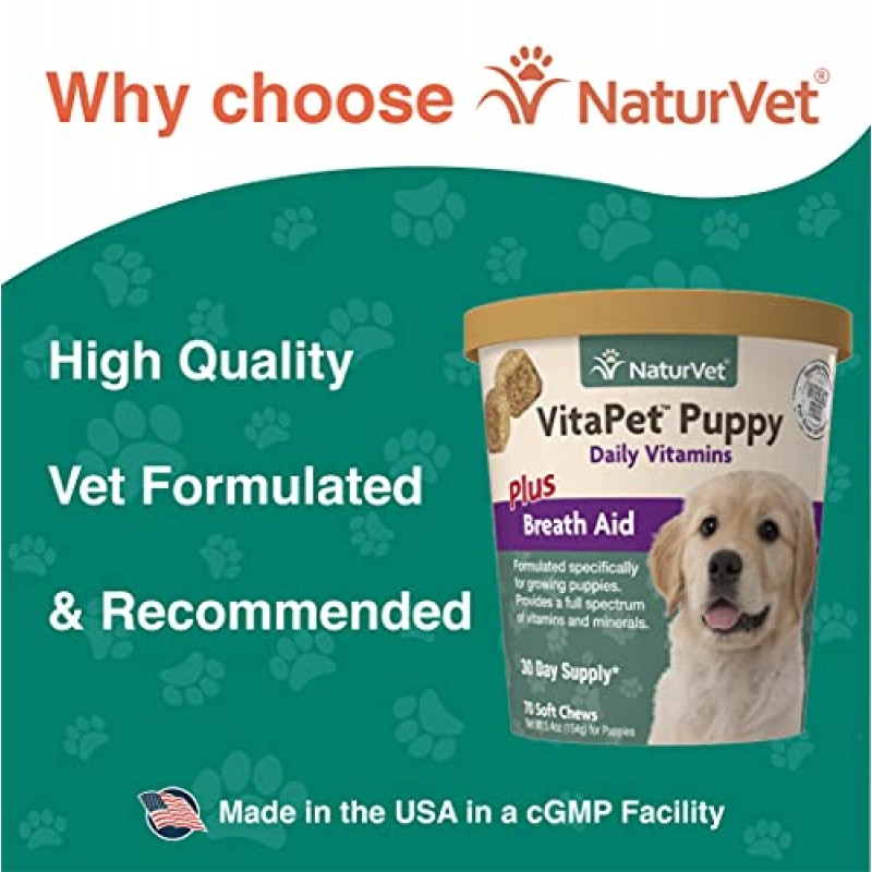 NaturVet – 강아지를 위한 VitaPet 강아지 일일 비타민 – 플러스 호흡 보조제 – 강아지에게 필수 비타민, 미네랄, 아미노산 및 지방산을 제공하도록 특별히 제조됨(소프트 츄 70개)