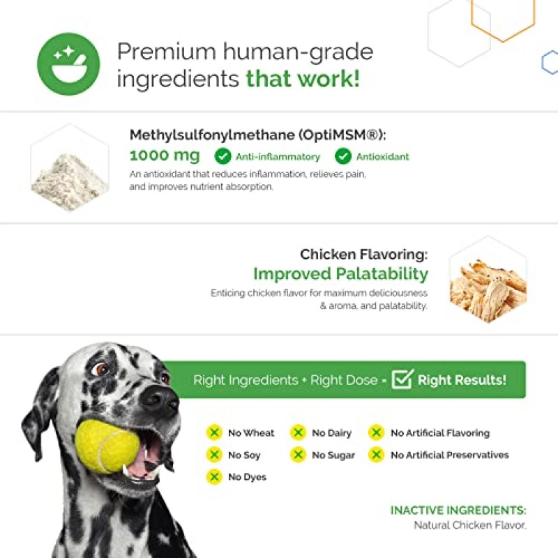 TopDog Health - MSM 관절 부스트 파우더 - 관절 이동성 및 유연성을 위한 고관절 및 관절 보조제 - 유황 함유 천연 항염증제 - 닭고기 맛