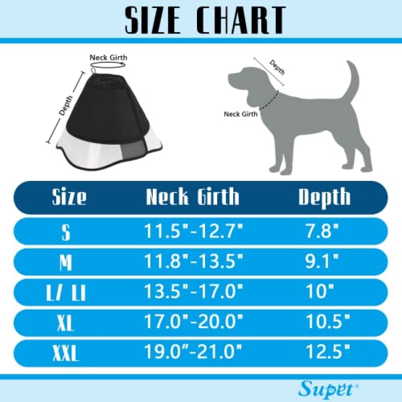 수술 후 개를 위한 Supet 개 콘, 대형 중형 개를 위한 부드러운 개 콘, 핥는 것을 멈추는 개를 위한 편안한 엘리자베스 칼라, 조절 가능한 애완 동물 회복 칼라, XXL, 검정색