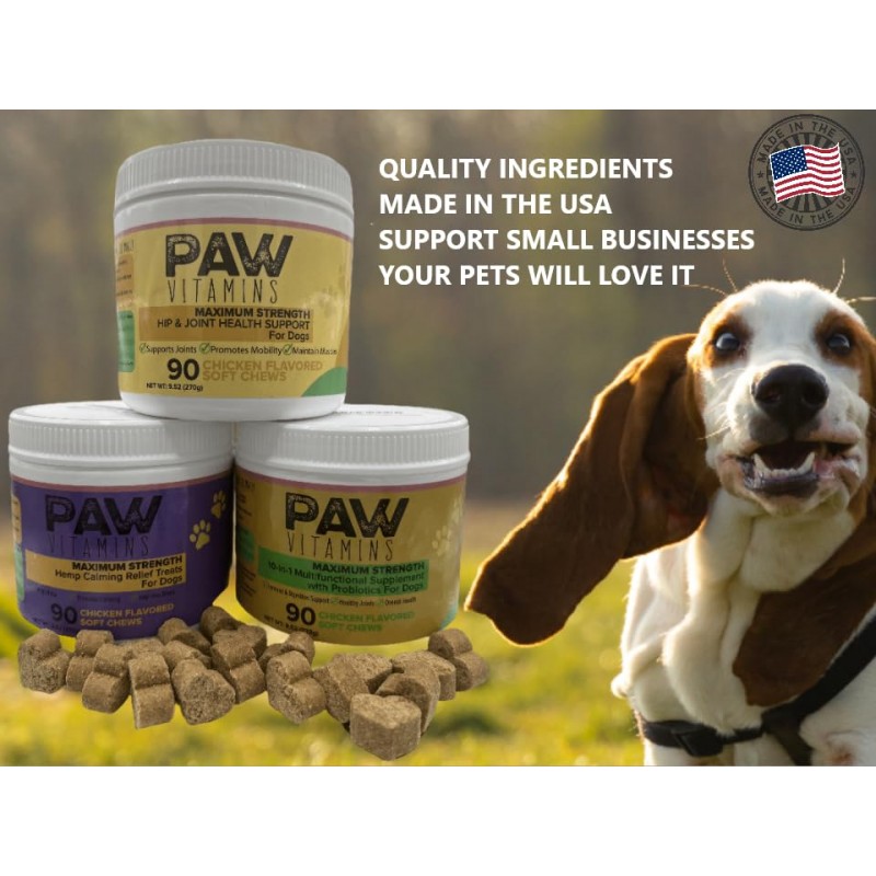 PAW VITAMINS 개용 글루코사민 - 콘드로이틴 및 MSM이 함유된 고관절 건강 소프트 츄 - 고관절 및 관절을 위한 다시마 + 비타민 C 및 E가 함유된 애완동물 이동성 지원을 위한 기능성 개 보조식품