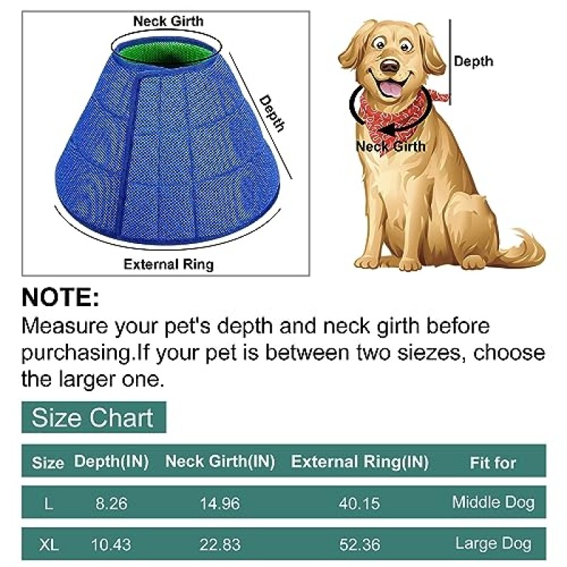 대형 중형견용 개 콘 회복용, 통기성 엘리자베스 콘 칼라, 애완동물 접촉을 방지하는 개 회복 칼라 핥는 것을 방지하기 위한 개용 부드러운 애완동물 목걸이 XL