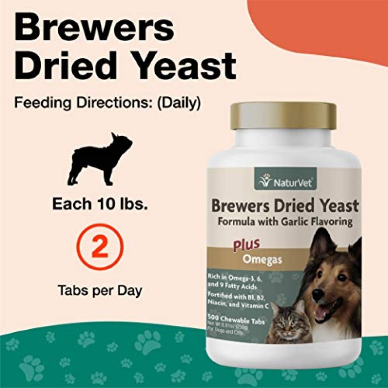 NaturVet Brewer의 마늘 향이 나는 건조 효모 애완동물 보조제 - B 복합 비타민, 오메가-3, 6 및 9 지방산 포함 - 윤기 나는 외투, 개, 고양이의 건강한 피부 500Ct를 지원합니다.