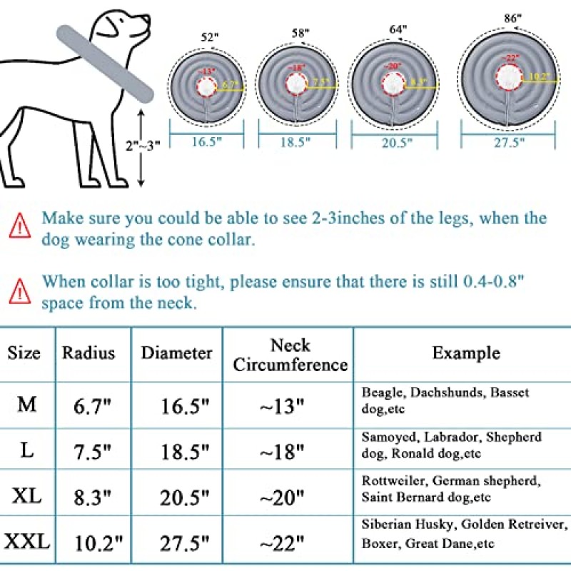 수술 후를 위한 BABYLTRL 개 콘 목걸이, 개와 고양이를 위한 팽창식 애완동물 회복 목걸이, 애완동물이 실밥, 상처 및 발진에 닿는 것을 방지하는 부드러운 보호 회복 콘(L, 회색)