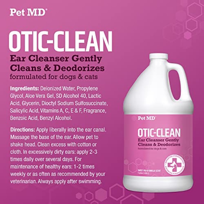 Pet MD Otic-Clean 개 귀 세정제 - 개와 고양이를 위한 수의사가 제조한 귀 세정제 - 가려움증, 냄새 및 왁스 축적을 위한 애완동물 귀 세정제 - 탈취 고양이 귀 세정제 솔루션 - 1 갤런