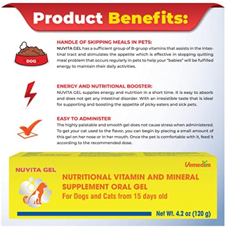 VEMEDIM, 개와 고양이를 위한 프리미엄 영양 및 비타민 젤 - 건강을 강화하고 식욕을 촉진하며 활력을 불어넣습니다! 모든 품종 및 생활 단계에 적합 - 종합비타민 젤 4.2oz(120g)