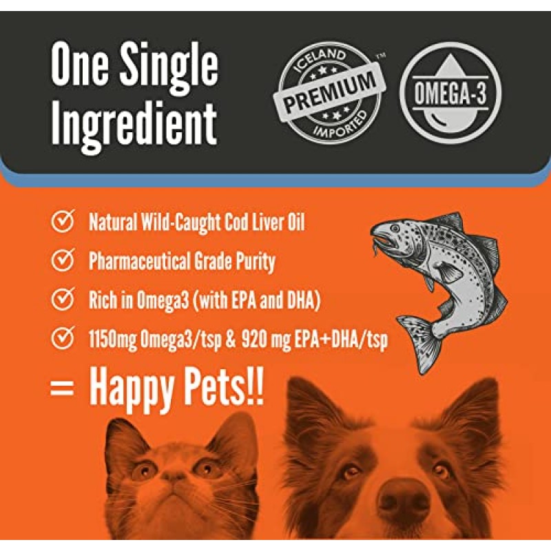 CountryPet Naturals 순수 아이슬란드 대구 간유 16oz. 1150mg Omega3/tsp 천연 피쉬 오일 개 및 고양이 보조제. 건강한 외투, 피부 및 관절을 위한 울트라 오일 VitA&D 강화 DHA,EPA. 모든 연령층, 품종