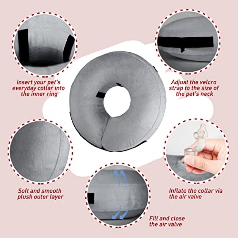 Tonqixope 풍선 개 목걸이 - 수술 후 개를 위한 부드러운 보호 콘, 개와 고양이에 적합한 개 도넛 고리, 애완동물이 스티치, 상처 및 발진에 닿는 것을 방지하는 개 콘 고리(회색, L)