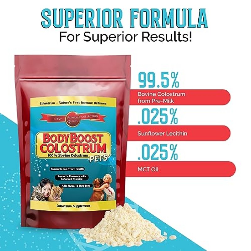 애완동물용 BodyBoost 초유, 100% 소 초유 분말, 면역 글로불린 및 락토페린 함유 면역 강화 보충제, 장 건강 및 근육 성장을 위한 슈퍼 푸드, 다양한 섭취, 8 온스