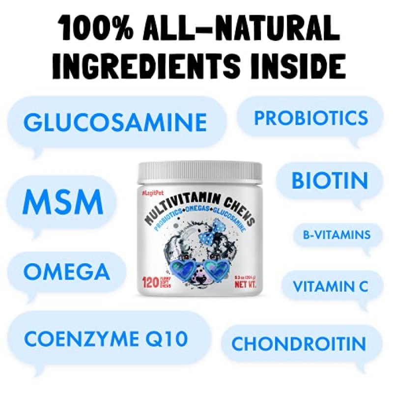 개 비타민 - 글루코사민 콘드로이틴, 프로바이오틱스 소화 효소 및 오메가가 함유된 120 종합 비타민 츄 - 전반적인 건강 보조식품 - 관절 지원, 면역 건강, 피부 및 심장 건강