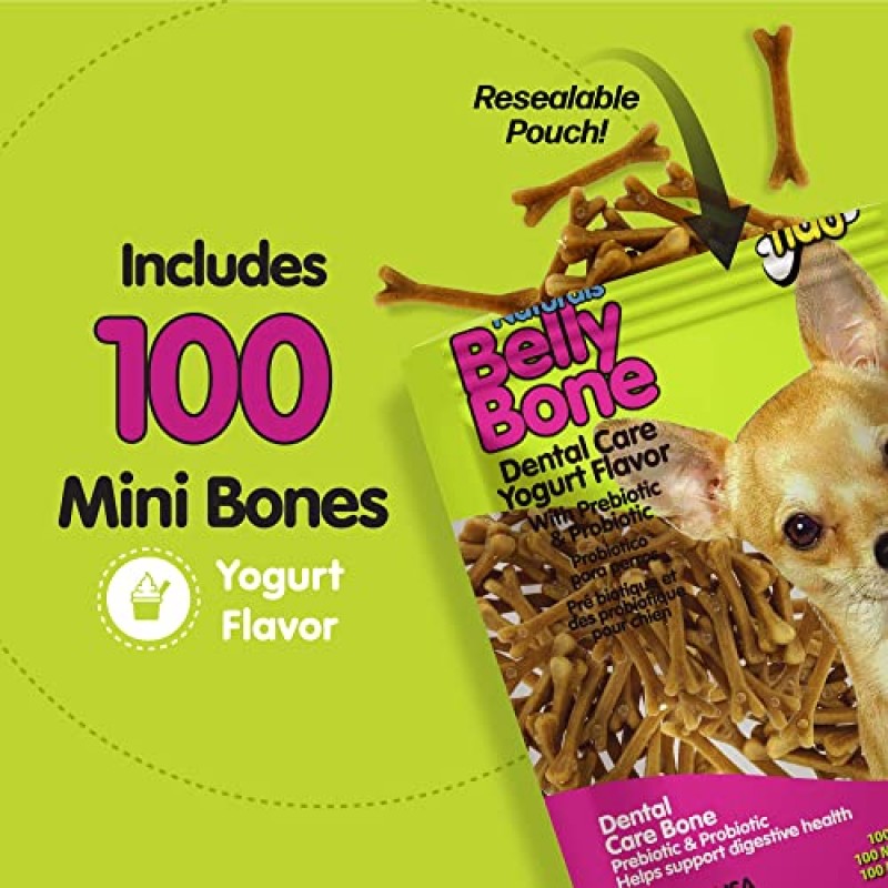 개를 위한 Fido Belly Bones, 요구르트 맛 미니 개 치과용 간식 100개(미국산) - 초소형 개를 위한 100개 개수의 개 간식 - 신선한 호흡을 위한 플라그 및 치석 조절, 소화기 건강 지원